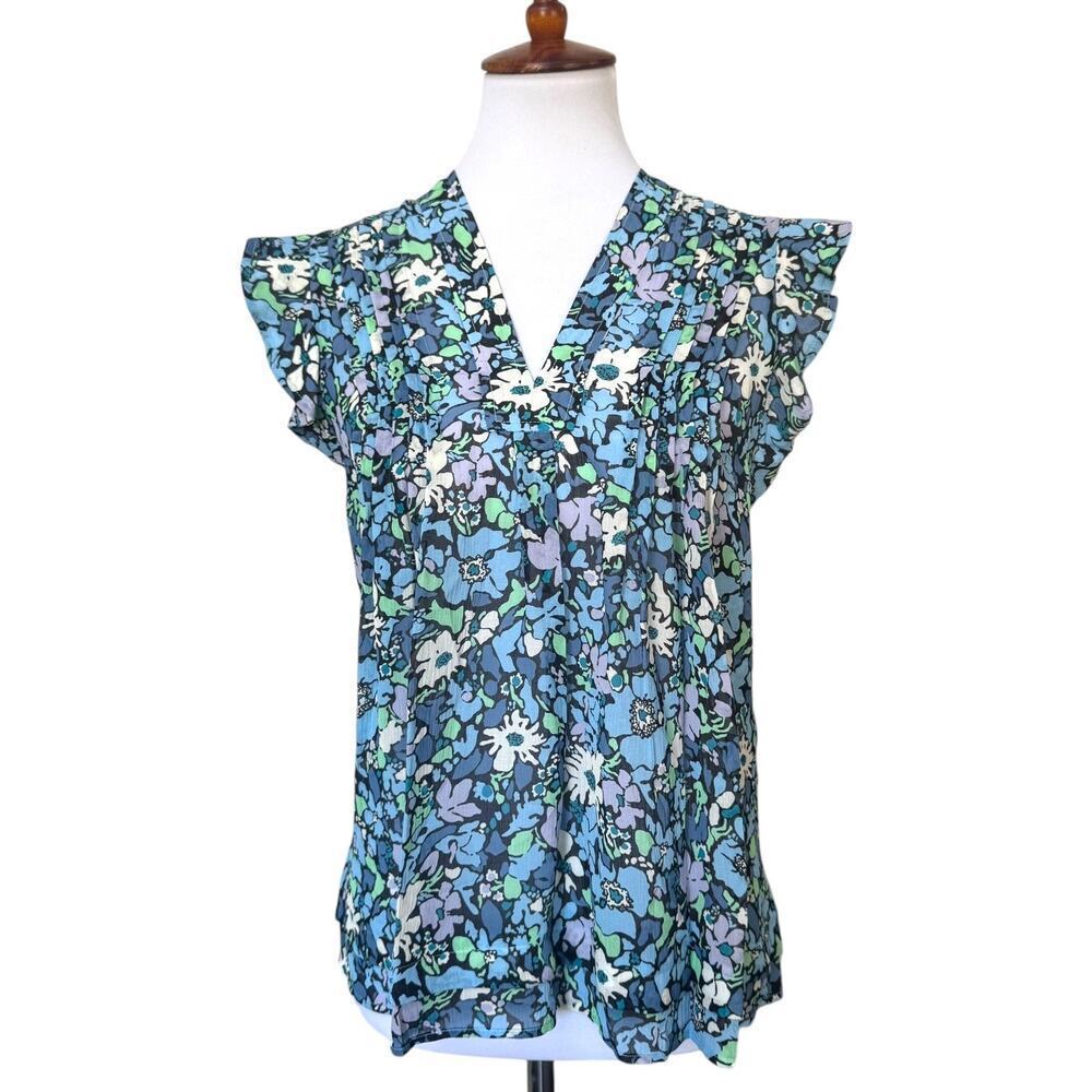 Derek Lam 10 Crosby Kona Blue Floral Flutter Short Sleeve Silk Blouse Top Size 2